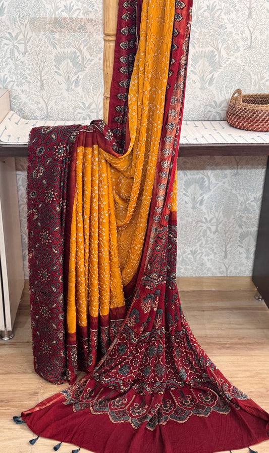 MOHINI : BANDHEJ AJRAKH MODAL SILK SAREE