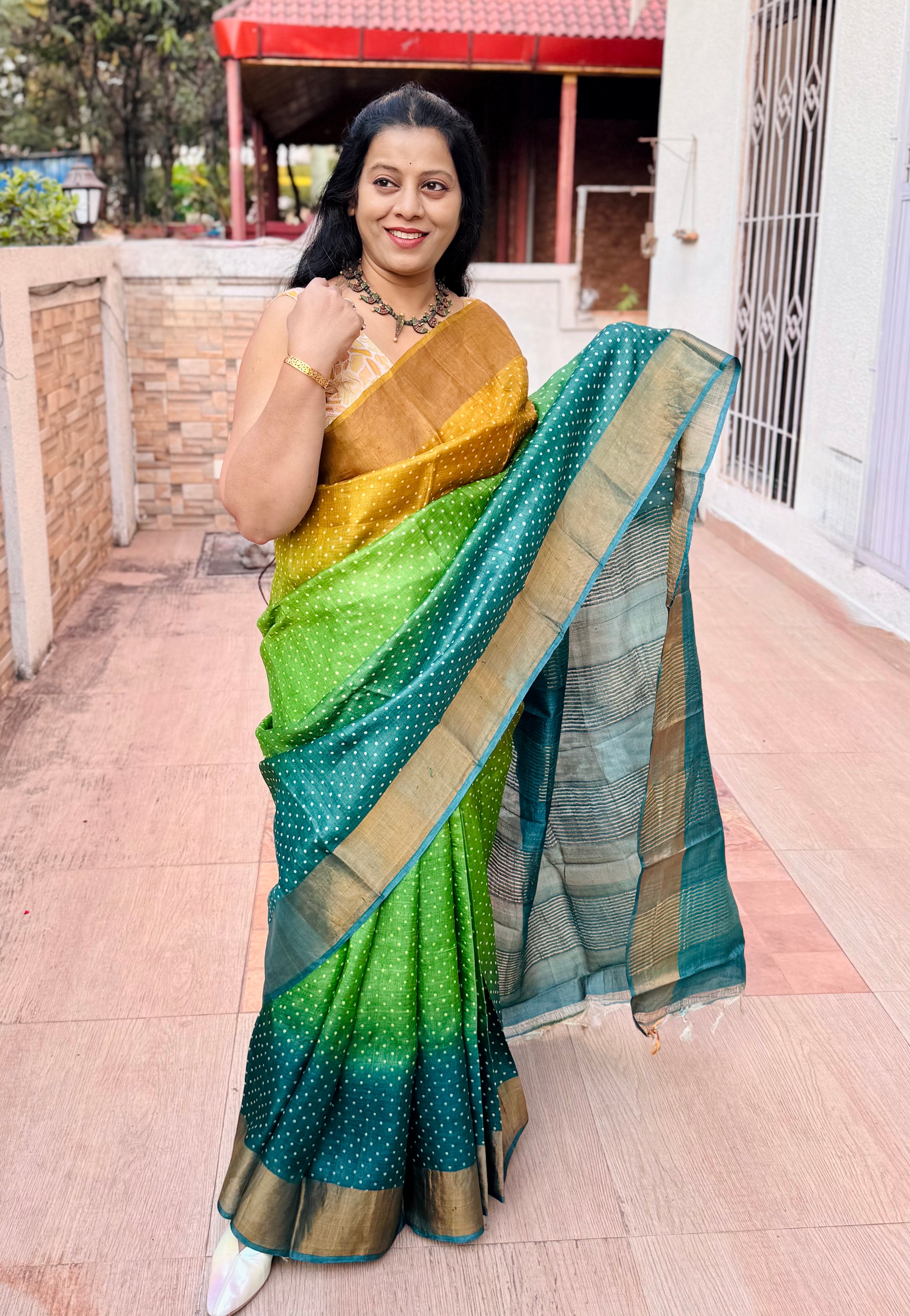 SURUCHI : SHADED TUSSAR SILK SAREE WITH BLOCK PRINT ZARI BORDER ...