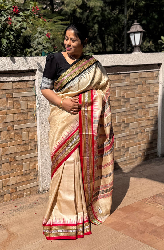 TARINI : VIDARBHA TUSSAR KARVATI KINAR SAREE WITH RED / BLACK BORDERS