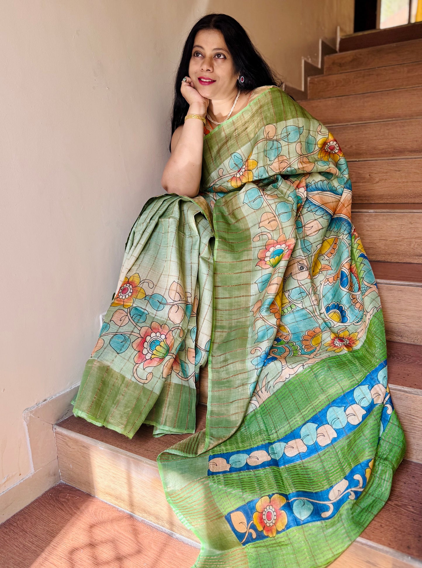 YATIKA : HAND-PAINTED TUSSAR SILK SAREE WITH ZARI CHECKS