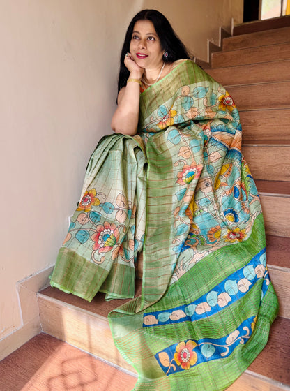 YATIKA : HAND-PAINTED TUSSAR SILK SAREE WITH ZARI CHECKS