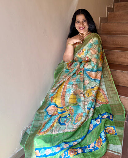 YATIKA : HAND-PAINTED TUSSAR SILK SAREE WITH ZARI CHECKS