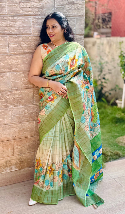 YATIKA : HAND-PAINTED TUSSAR SILK SAREE WITH ZARI CHECKS