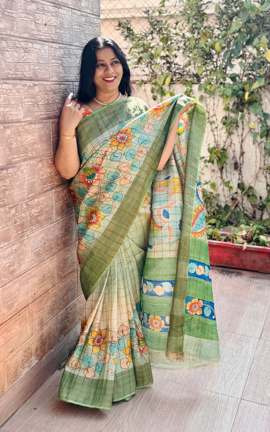 YATIKA : HAND-PAINTED TUSSAR SILK SAREE WITH ZARI CHECKS