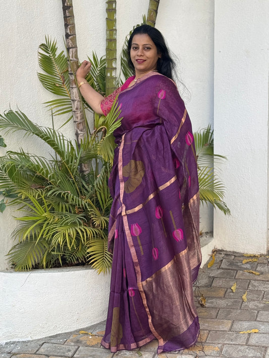 SHREE : SILK LINEN SAREE WITH LOTUS