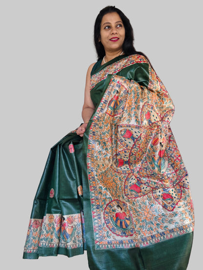 Green Madhubani saree