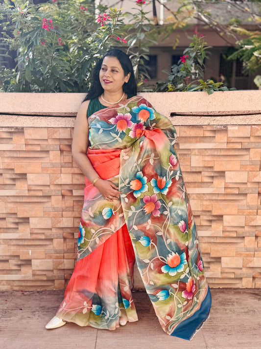 Orange hand painted silk saree