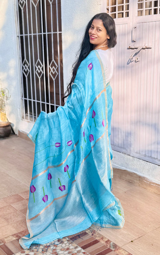 INDIVARA : SILK LINEN SAREE WITH LOTUS