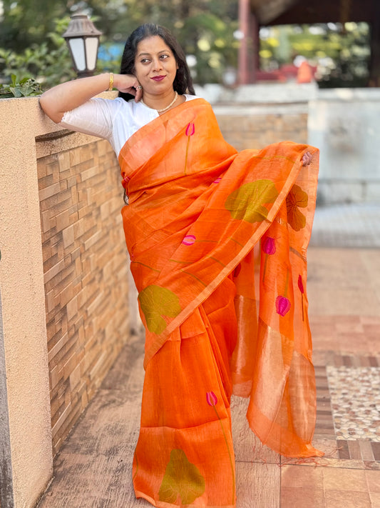 RESHMI : SILK LINEN SAREE WITH LOTUS