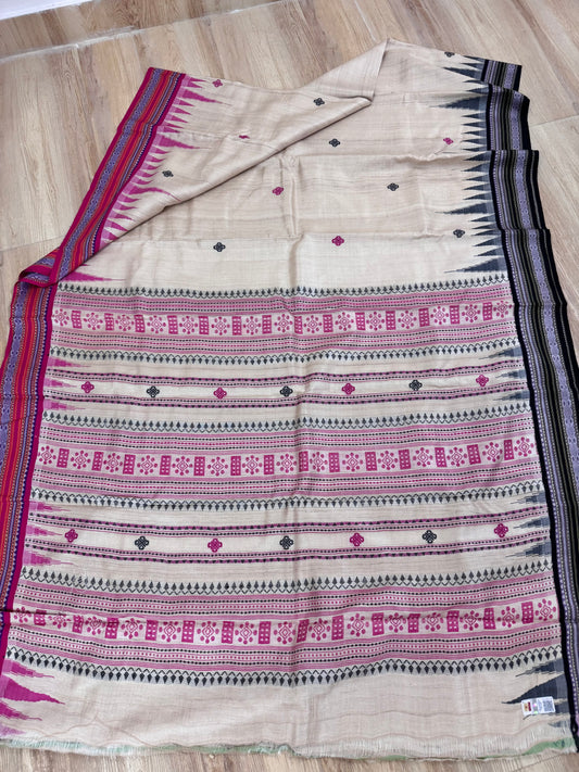 BHARATI : KARVATI KINAAR TUSSAR SILK JHALA PALLA WITH PINK AND BLACK BORDERS