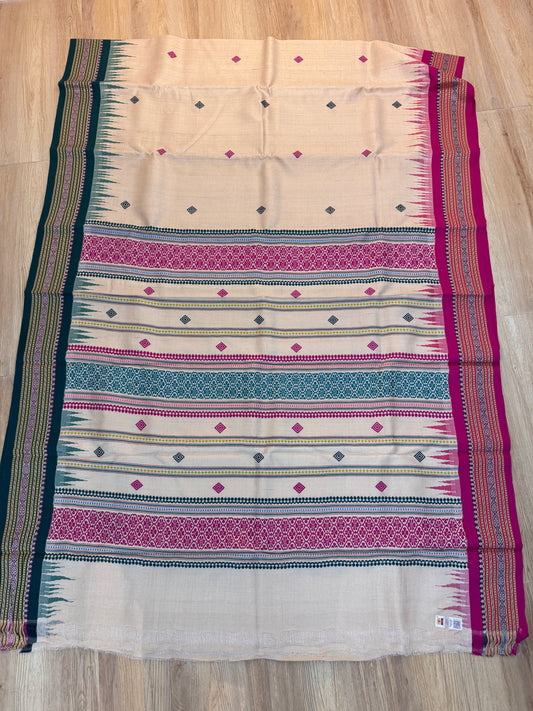 VANI : KARVATI KINAAR TUSSAR SILK JHALA PALLA WITH PINK AND GREEN BORDERS