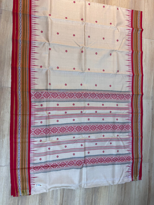 SHARADA : KARVATI KINAAR TUSSAR SILK JHALA PALLA WITH RED BORDERS