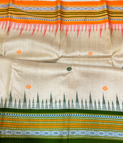 TANAYA : KARVATI KINAAR TUSSAR SILK JHALA PALLA WITH LIGHT-ORANGE AND GREEN  BORDERS