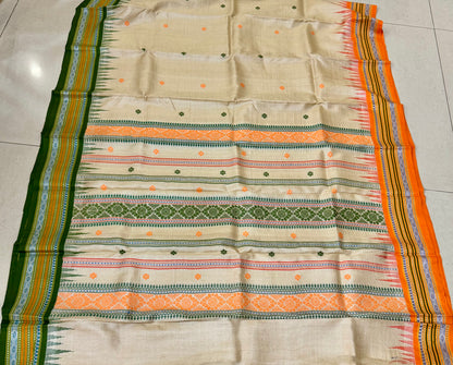 TANAYA : KARVATI KINAAR TUSSAR SILK JHALA PALLA WITH LIGHT-ORANGE AND GREEN  BORDERS