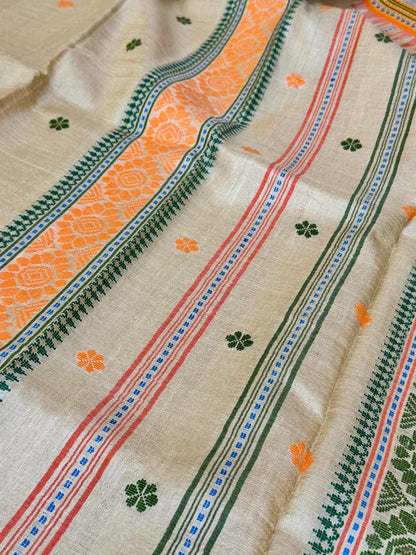 TANAYA : KARVATI KINAAR TUSSAR SILK JHALA PALLA WITH LIGHT-ORANGE AND GREEN  BORDERS