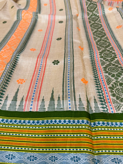 TANAYA : KARVATI KINAAR TUSSAR SILK JHALA PALLA WITH LIGHT-ORANGE AND GREEN  BORDERS