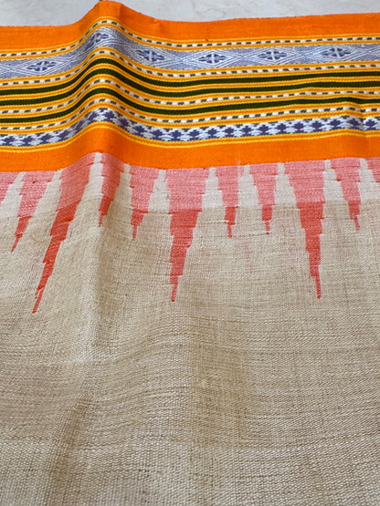 TANAYA : KARVATI KINAAR TUSSAR SILK JHALA PALLA WITH LIGHT-ORANGE AND GREEN  BORDERS