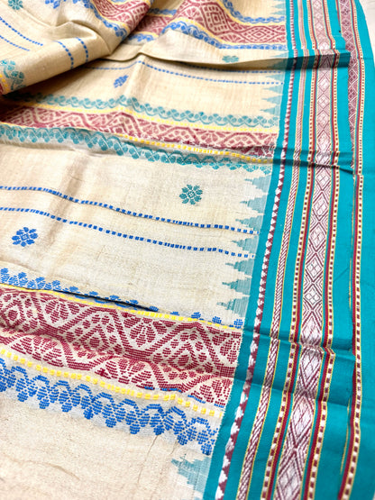 MRIDULA: KARVATI KINAAR TUSSAR SILK JHALA PALLA WITH AQUA BLUE BORDERS