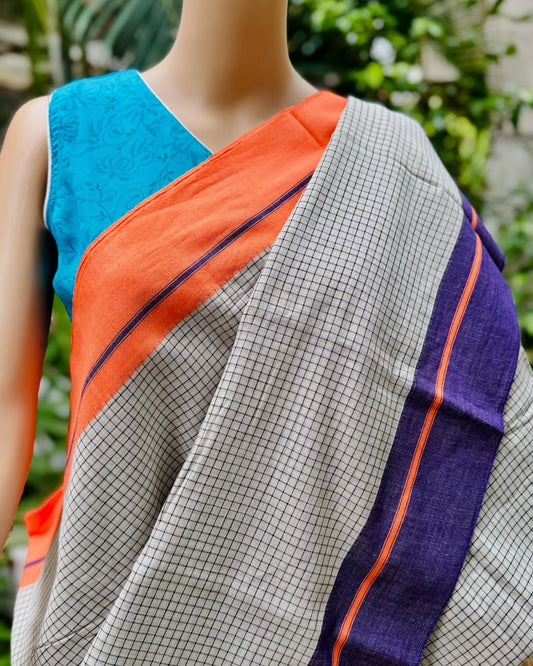 White Patteda Anchu Saree with Orange and Blue border