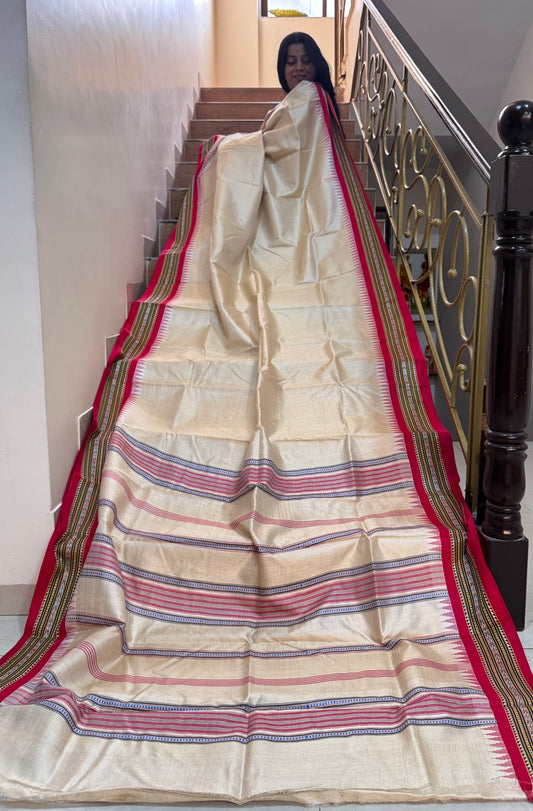 NUPUR : VIDARBHA TUSSAR KARVATI KINAR SAREE WITH RED BORDERS