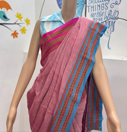 pink saree with blue and orange stripes