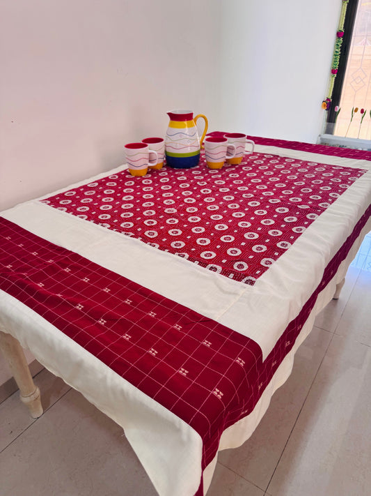 RED AND WHITE KANTHA COTTON TABLE COVER