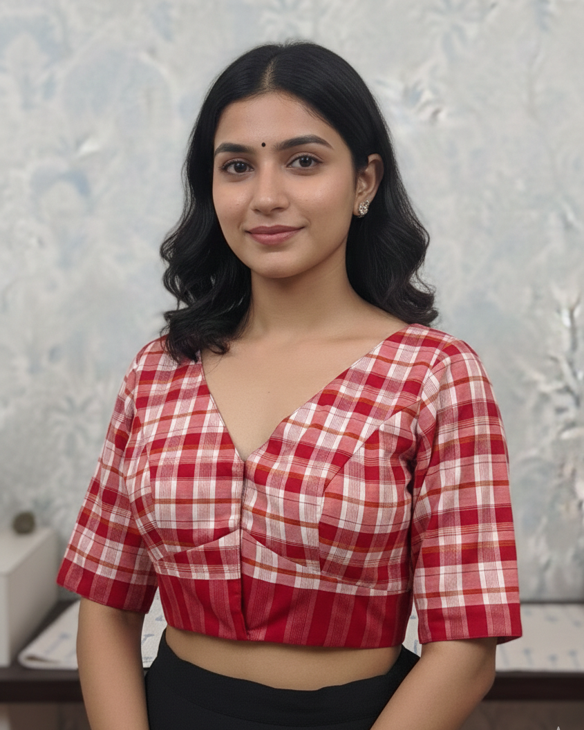 Woman wearing a red and white checkered blouse against a textured wall.