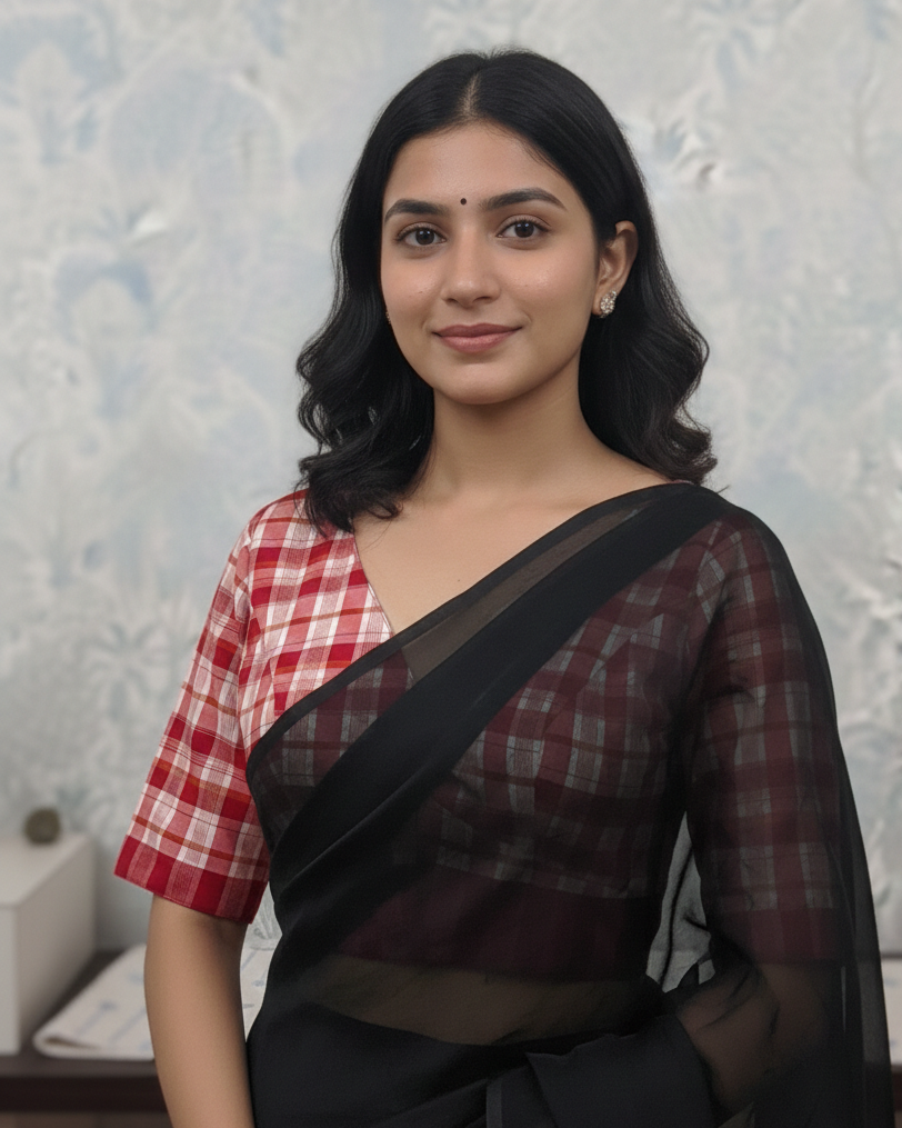 Woman wearing a black saree with a red and white checkered blouse against a textured wall.