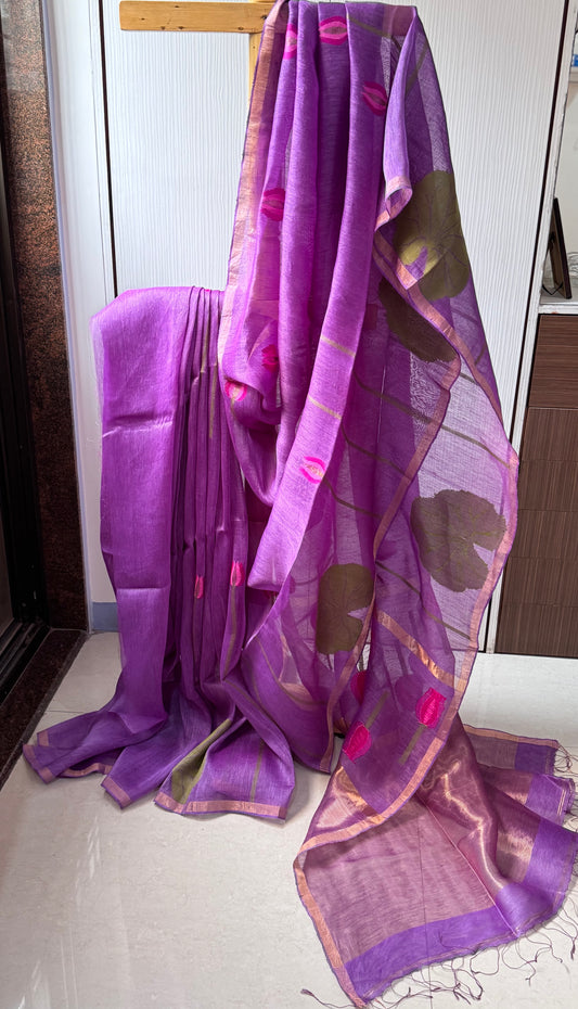SHREE : SILK LINEN SAREE WITH LOTUS