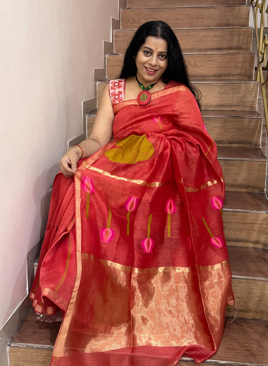 LAKSHMI : SILK LINEN SAREE WITH LOTUS
