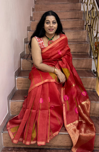 LAKSHMI : SILK LINEN SAREE WITH LOTUS