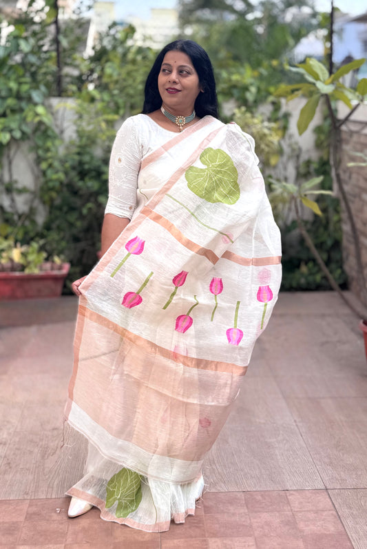 Silk-linen saree with lotus motif