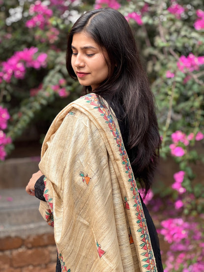 HANDWOVEN TUSSAR GEECHA SILK MADHUBANI HAND PAINTED DUPATTA