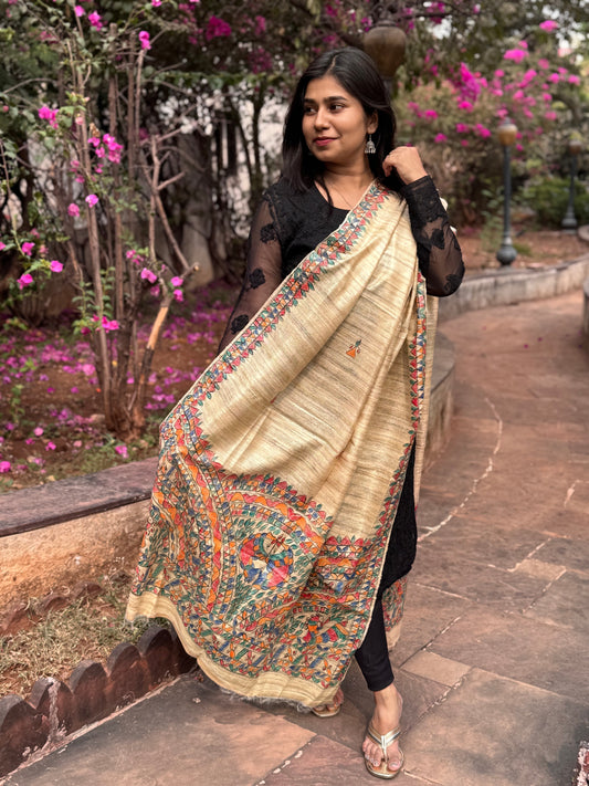 HANDWOVEN TUSSAR GEECHA SILK MADHUBANI HAND PAINTED DUPATTA