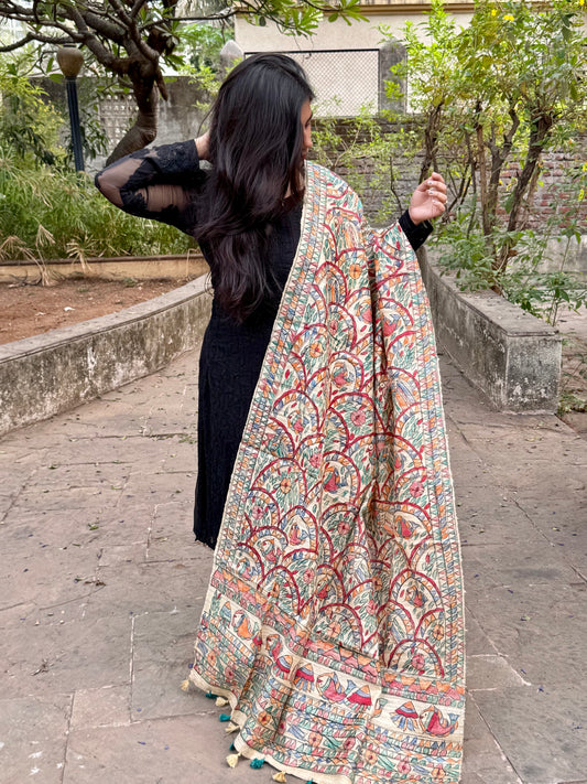 HANDWOVEN TUSSAR GEECHA SILK MADHUBANI HAND PAINTED DUPATTA