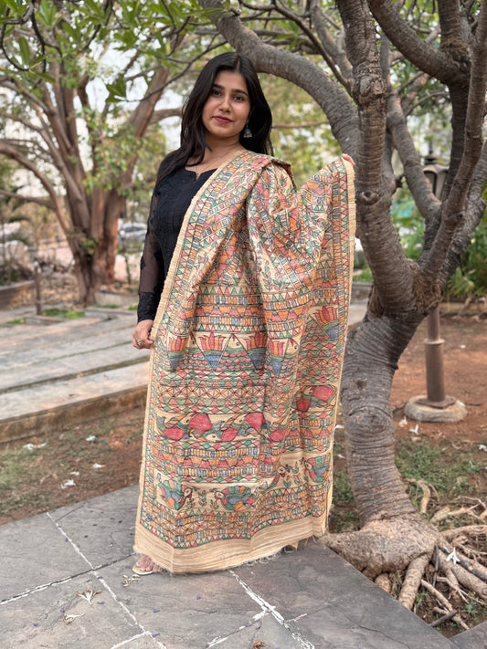 HANDWOVEN TUSSAR GEECHA SILK MADHUBANI HAND PAINTED DUPATTA