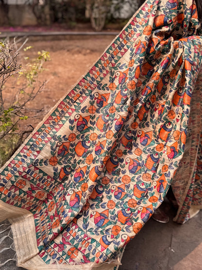 HANDWOVEN TUSSAR GEECHA SILK MADHUBANI HAND PAINTED DUPATTA