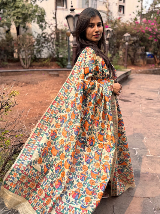 HANDWOVEN TUSSAR GEECHA SILK MADHUBANI HAND PAINTED DUPATTA