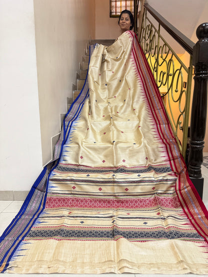 SPRUHA : KARVATI KINAAR TUSSAR SILK JHALA PALLA WITH RED BLUE BORDERS