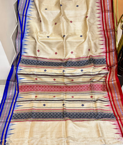 SPRUHA : KARVATI KINAAR TUSSAR SILK JHALA PALLA WITH RED BLUE BORDERS
