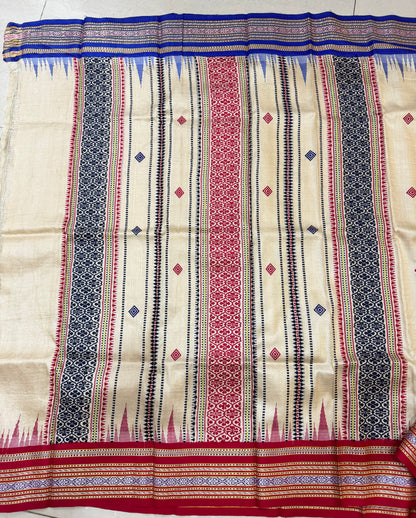 SPRUHA : KARVATI KINAAR TUSSAR SILK JHALA PALLA WITH RED BLUE BORDERS