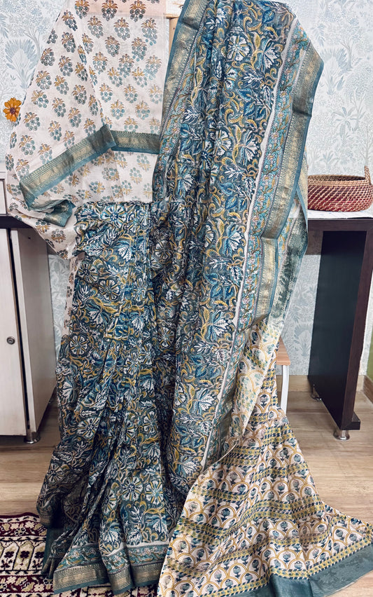 NEERAJAA : HAND BLOCK PRINTED MAHESHWARI SILK COTTON SAREE