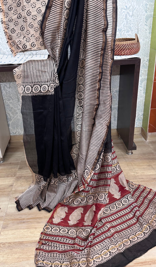 RAATRANI : HAND BLOCK PRINTED CHANDERI SILK COTTON SAREE