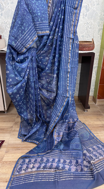 NEELKANTI : HAND BLOCK PRINTED CHANDERI SILK COTTON SAREE