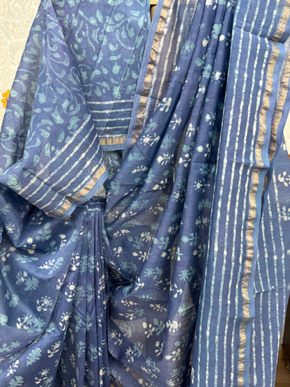 NEELKANTI : HAND BLOCK PRINTED CHANDERI SILK COTTON SAREE