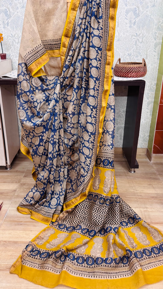 NILIMA : HAND BLOCK PRINTED MAHESHWARI SILK COTTON SAREE