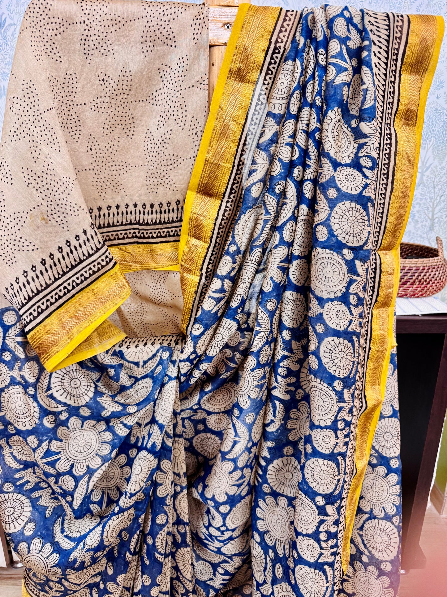 NILIMA : HAND BLOCK PRINTED MAHESHWARI SILK COTTON SAREE