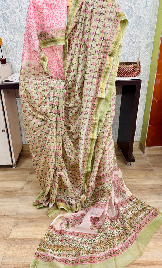 HARITHA : HAND BLOCK PRINTED MAHESHWARI SILK COTTON SAREE