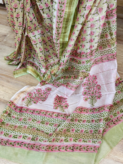 HARITHA : HAND BLOCK PRINTED MAHESHWARI SILK COTTON SAREE