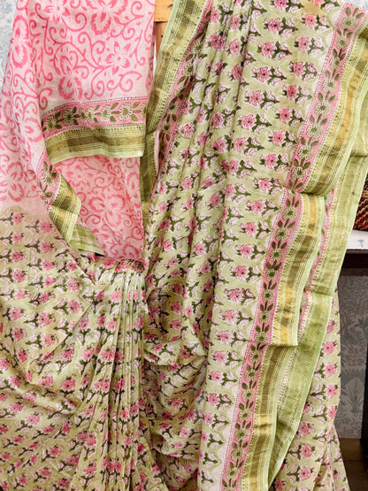 HARITHA : HAND BLOCK PRINTED MAHESHWARI SILK COTTON SAREE